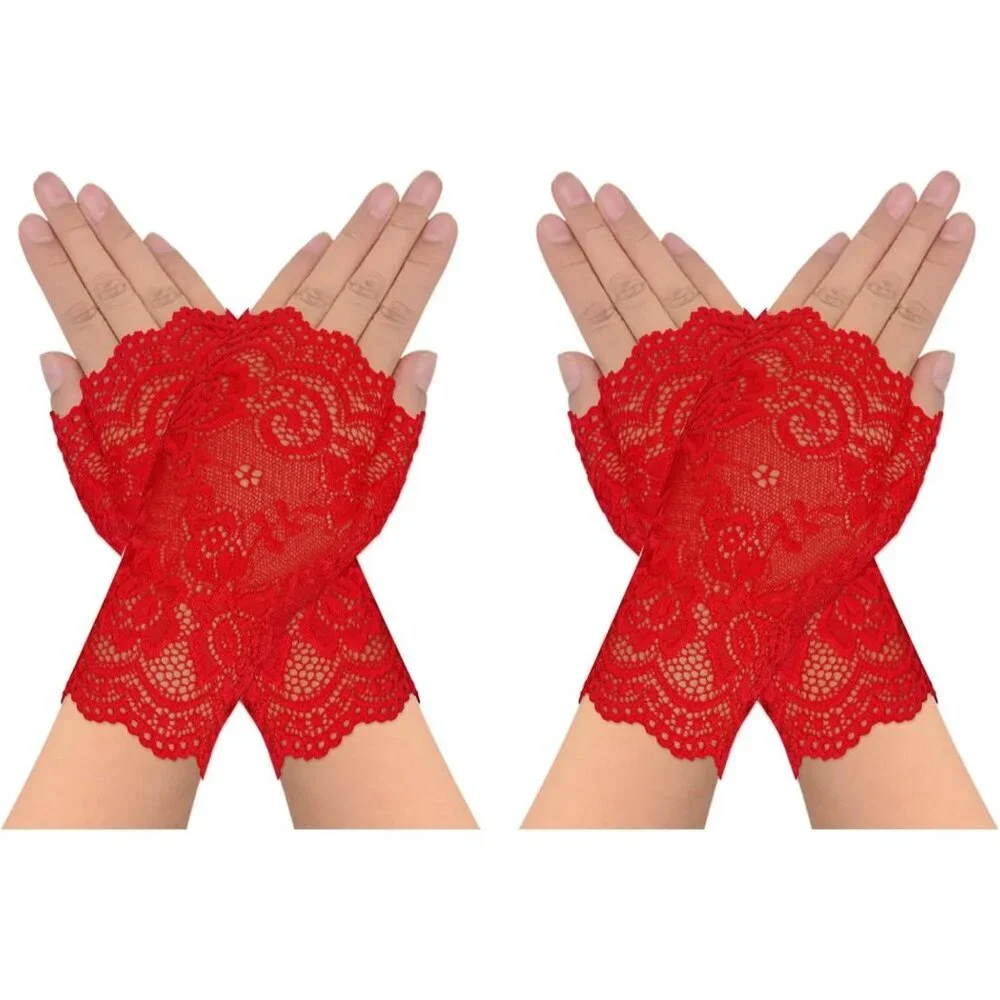 Women's 2 Pairs Red Lace Fingerless Gloves Party Prom Costume Accessories